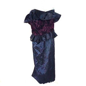 Vintage Gunne Sax Black Satin Dress Velvet Ruffle Detail Pink XS